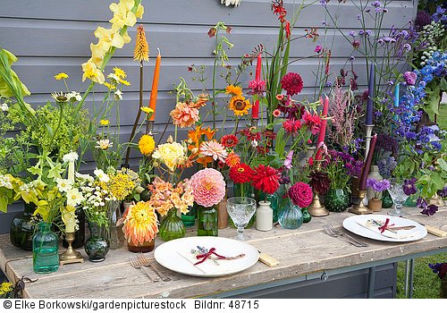 Tischdekoration mit Blüten in Regenbogenfarben